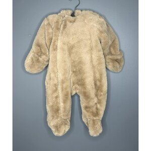 First Wish‎ Snowsuit Baby 3-6 Months Tan Faux Fur Hood Ears Footed Lined SO SOFT